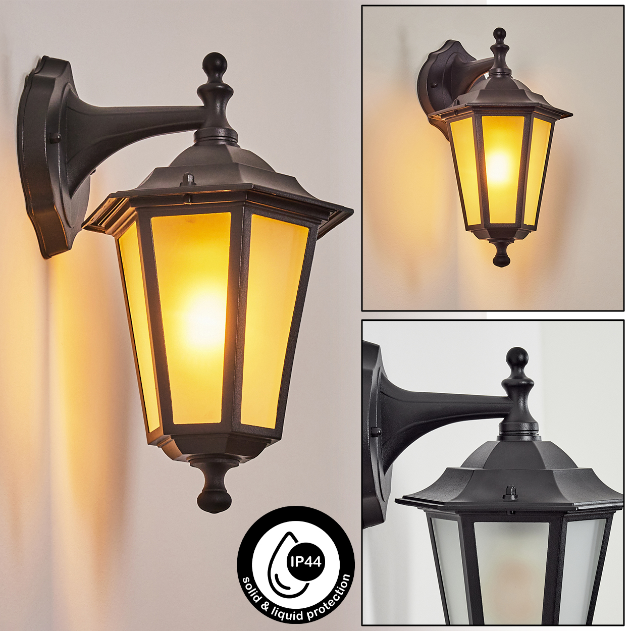 Schwarze Wandlaterne mit gelbem Licht und IP44-Schutzsymbol.