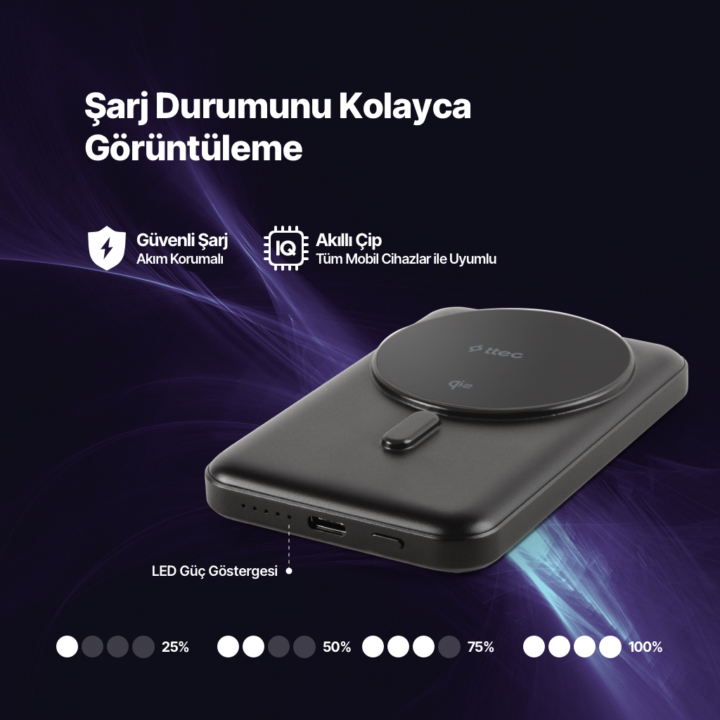 LED şarj durumu göstergeli siyah Qi şarj cihazı. Güvenli şarj hakkında metin.
