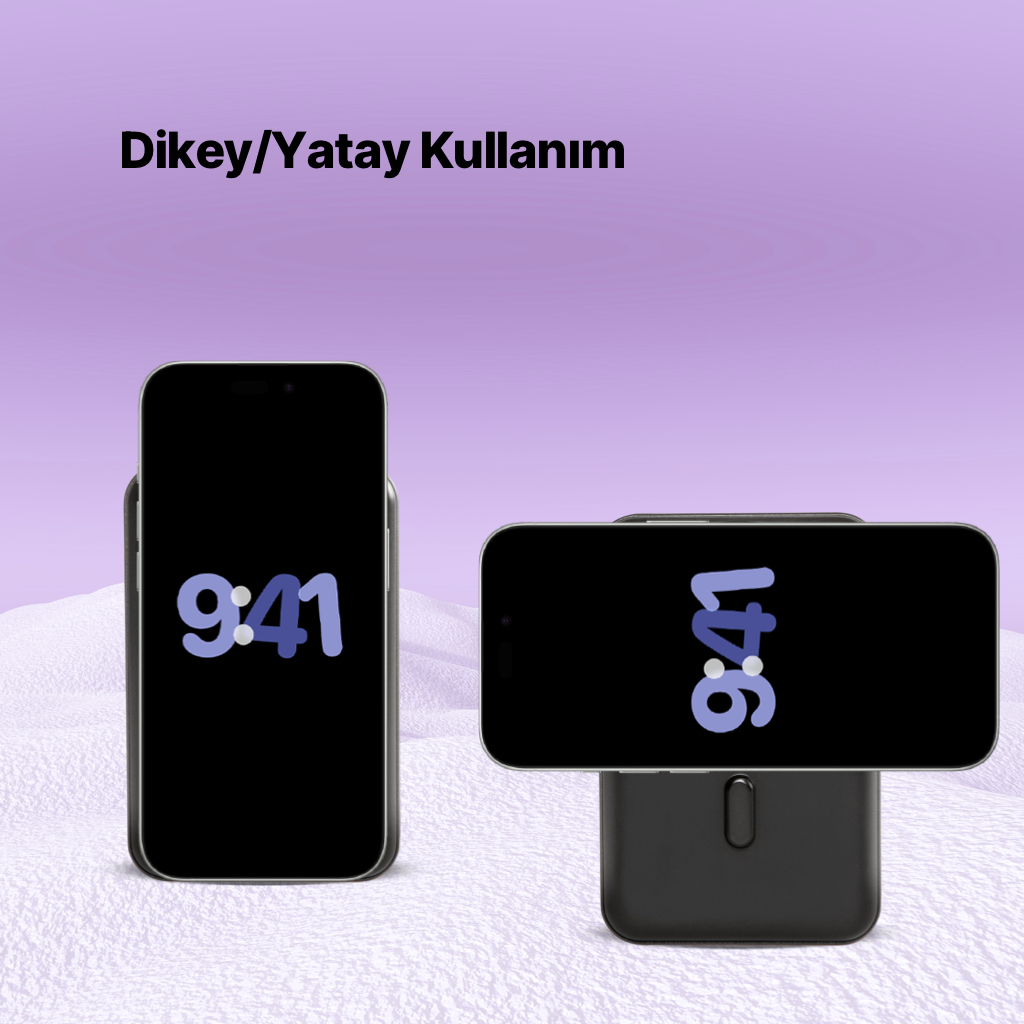 Mor arka planda iki iPhone, biri dikey, diğeri yatay olarak şarj cihazında.