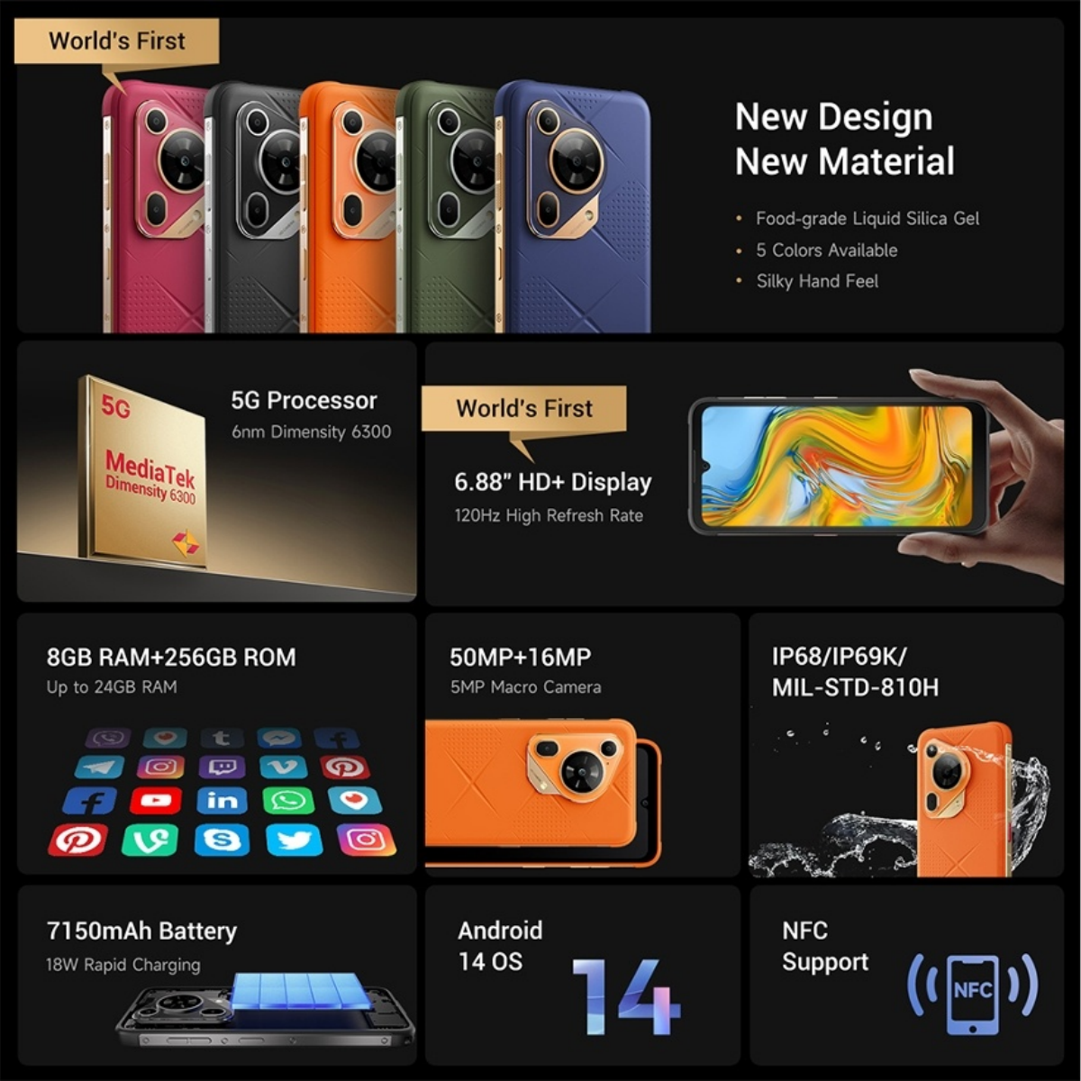 Cinco smartphones en varios colores, chip MediaTek, pantalla y especificaciones de cámara.
