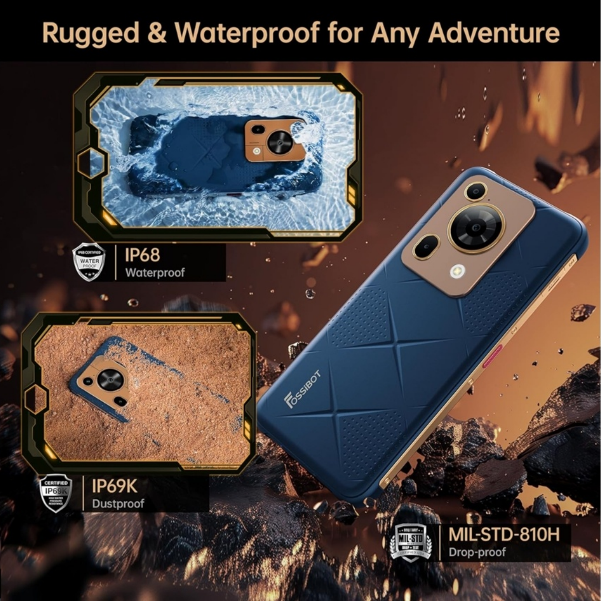 Un teléfono Fossibot azul resistente con borde dorado yace en ángulo, rodeado de rocas.