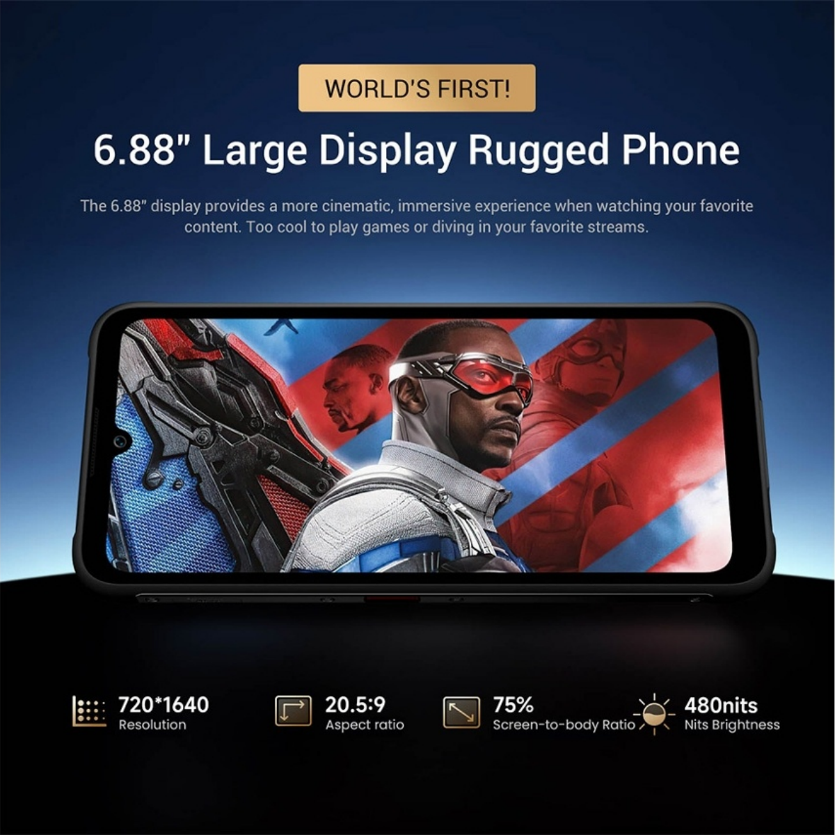 Teléfono resistente con pantalla de 6,88". Muestra personajes y especificaciones.