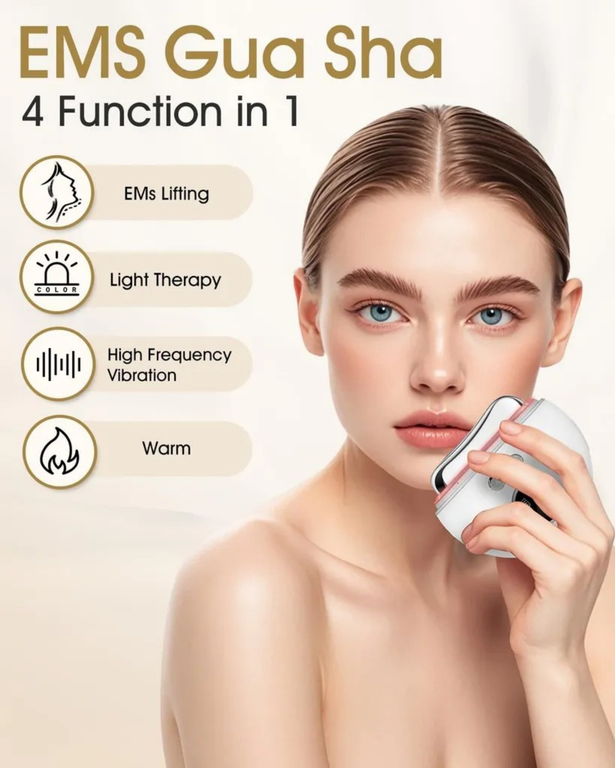 Frau mit EMS Gua Sha Gerät, das 4 Funktionen bietet: EMS Lifting, Lichttherapie, Vibration, Wärme.