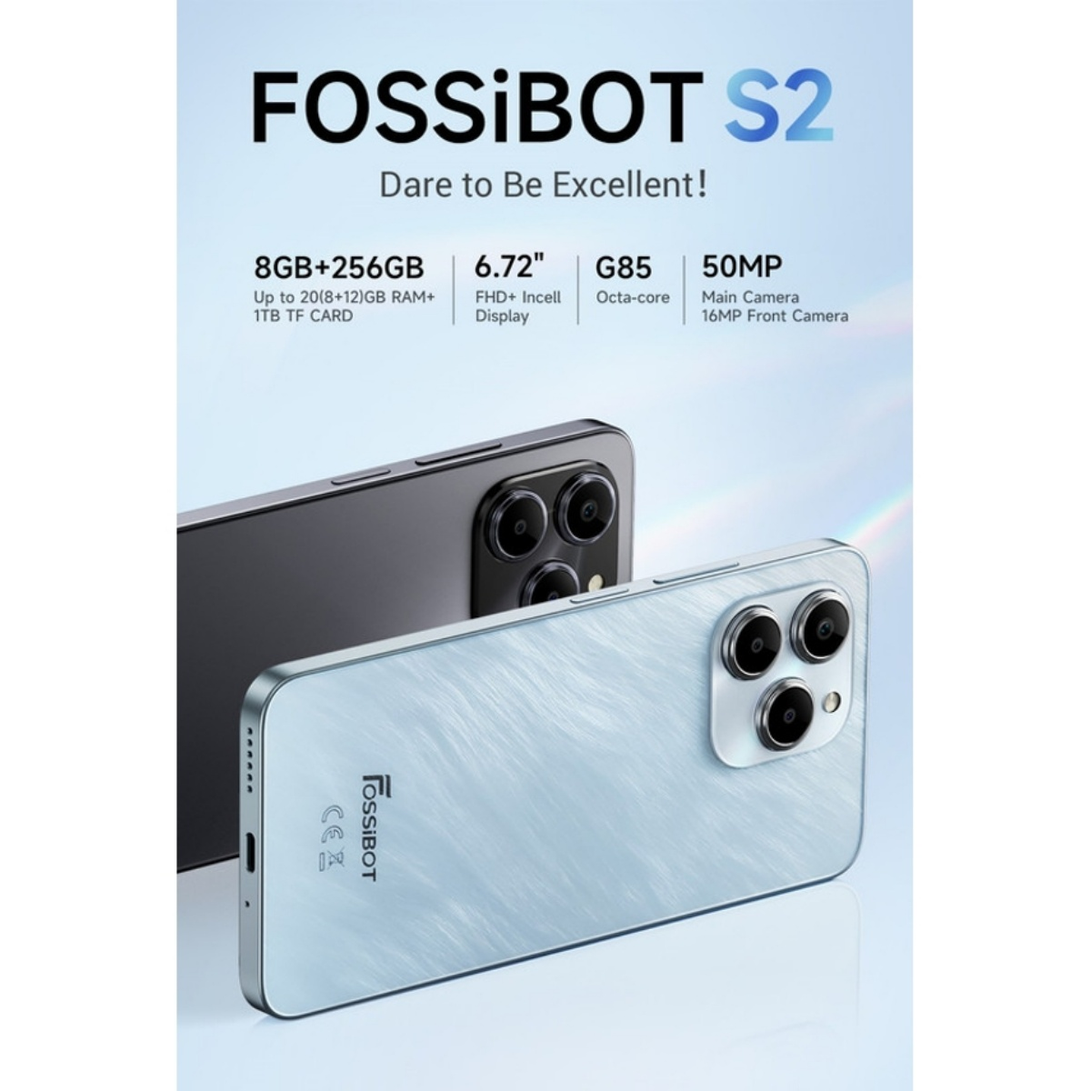Dos teléfonos FOSSiBOT S2, uno gris, otro azul claro, con especificaciones listadas. Cámaras traseras visibles.