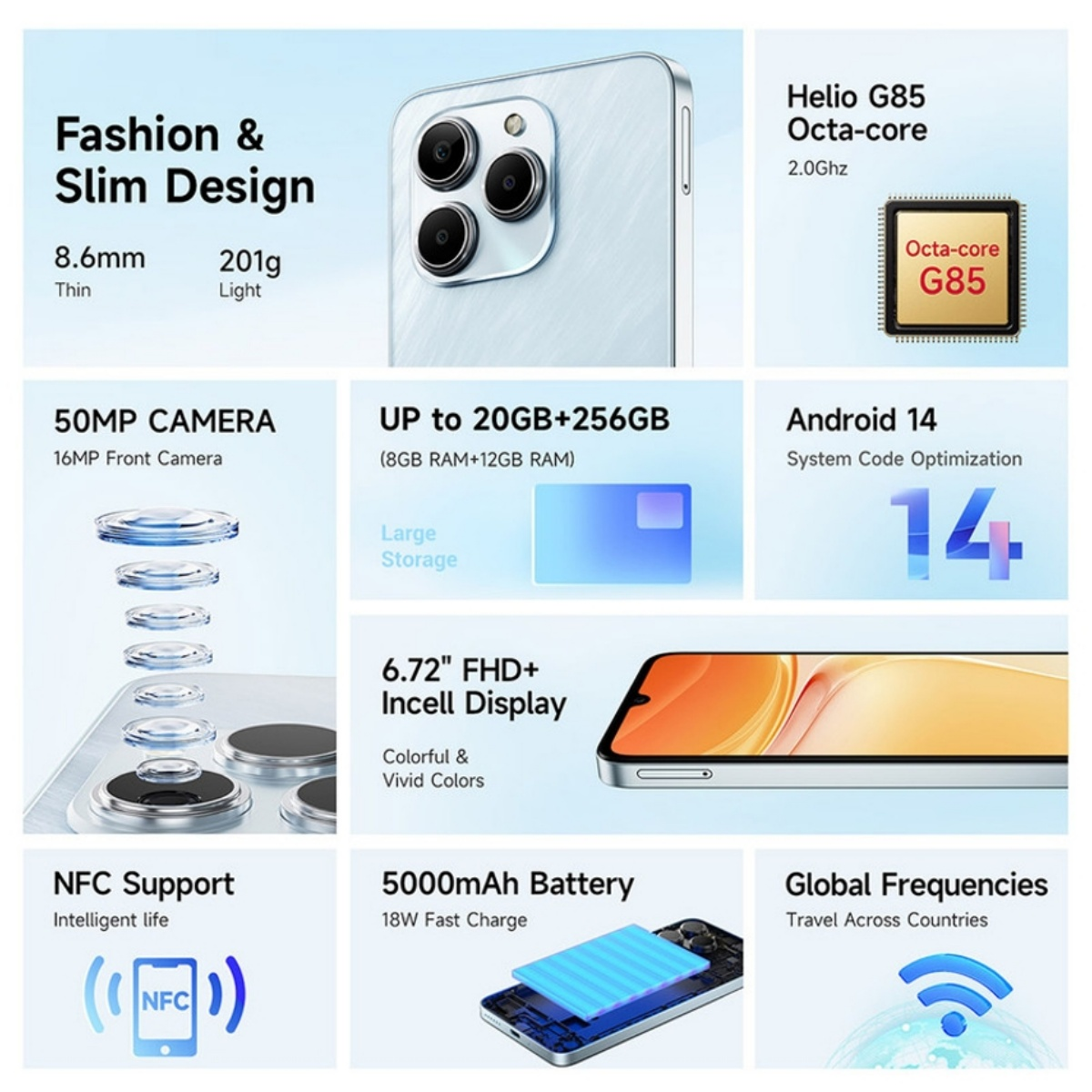 Smartphone con chip Helio G85, cámara de 50MP, pantalla FHD+ de 6.72", batería de 5000mAh.