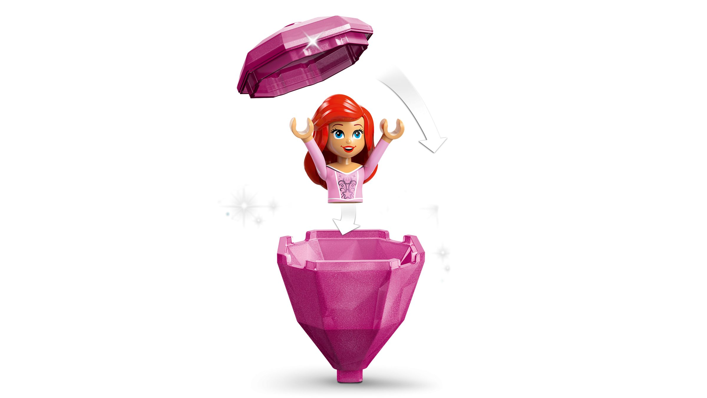 Ariel-Figur mit rotem Haar steigt aus einem pinken Diamant-Behälter.