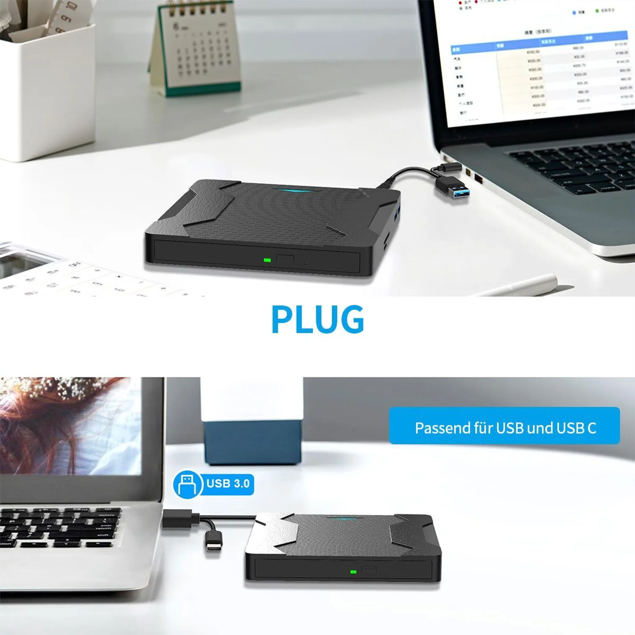 Schwarzes externes Laufwerk, angeschlossen an einen Laptop, mit USB 3.0-Anschluss.