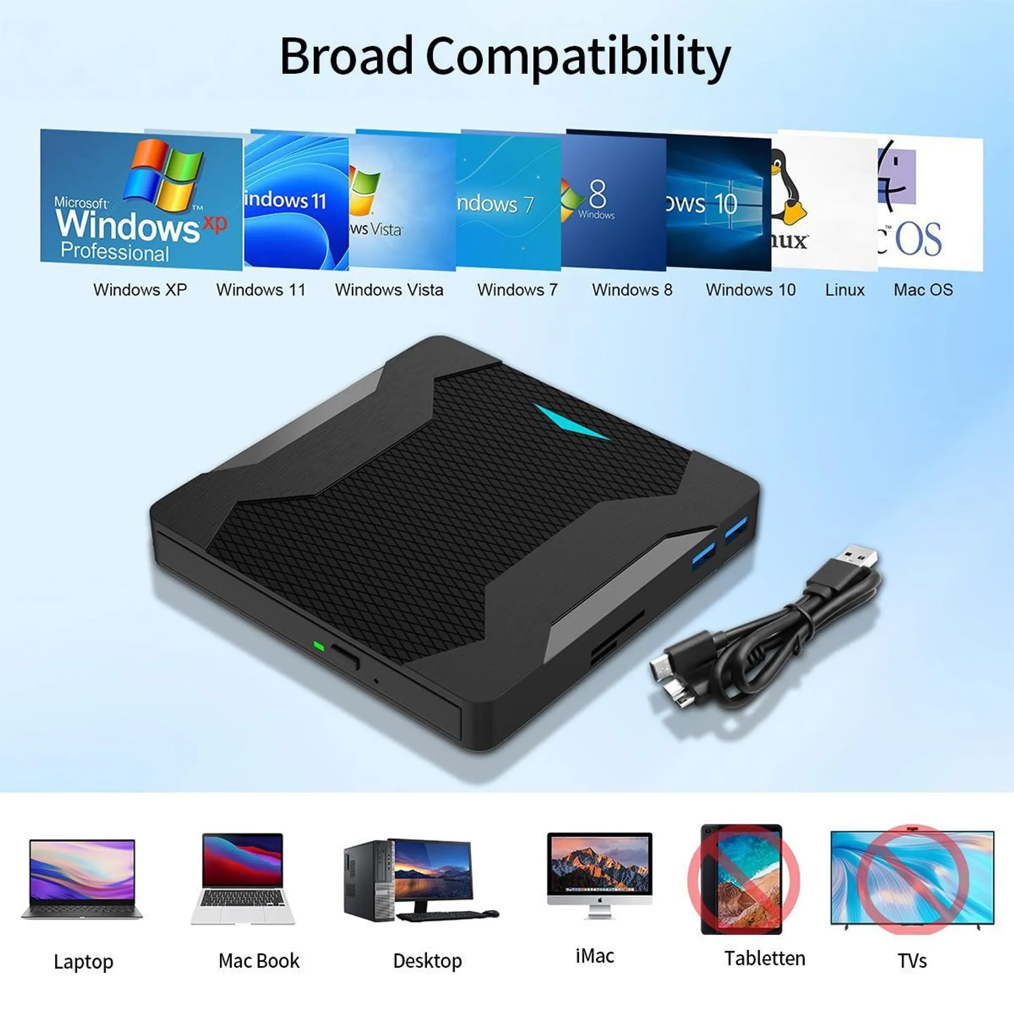 Breite Kompatibilität: Gerät mit Windows, Linux, Mac OS und verschiedenen Geräten.