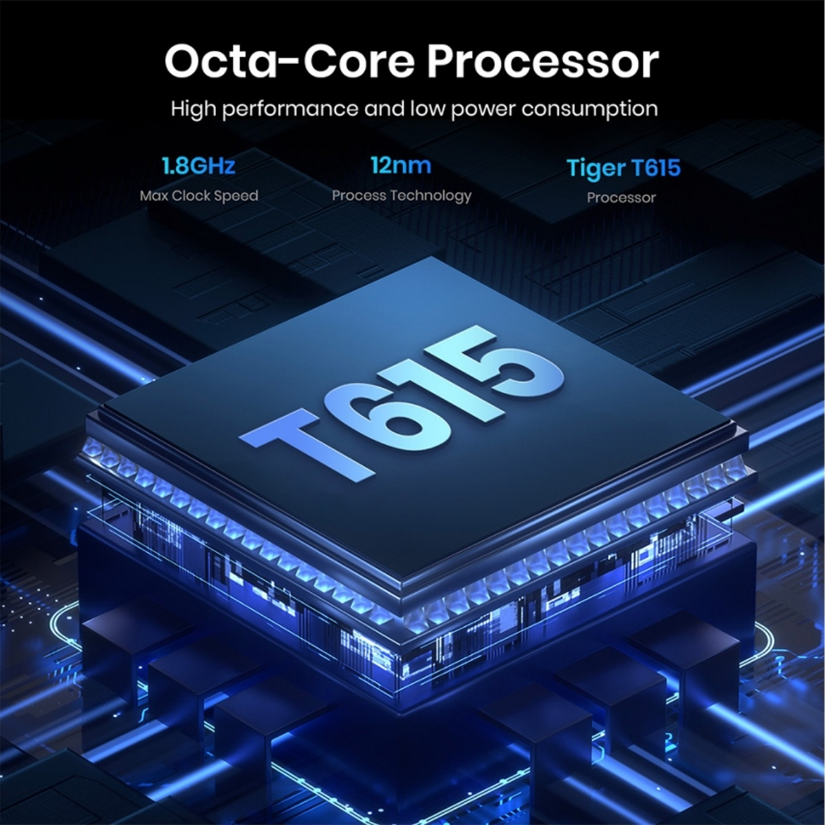 Procesador Octa-Core T615, 1,8 GHz, 12 nm. Alto rendimiento, bajo consumo.