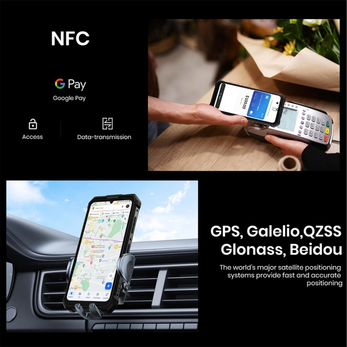 Pago NFC con Google Pay y navegación GPS en el coche.