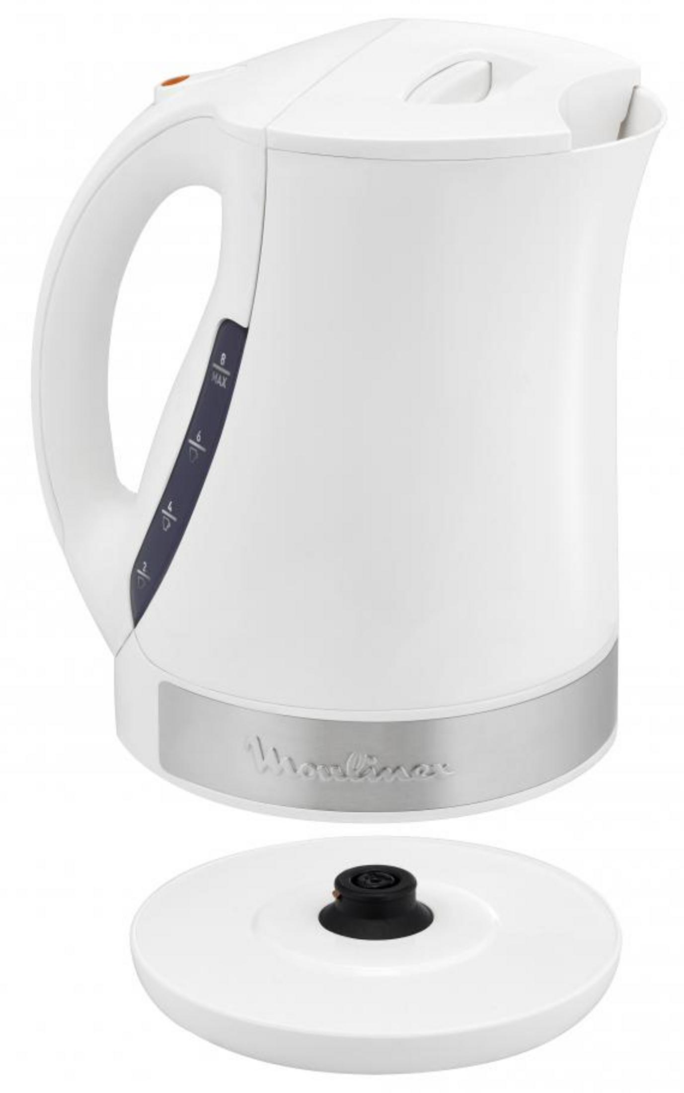 Bollitore elettrico bianco con finiture argento e indicatore livello.