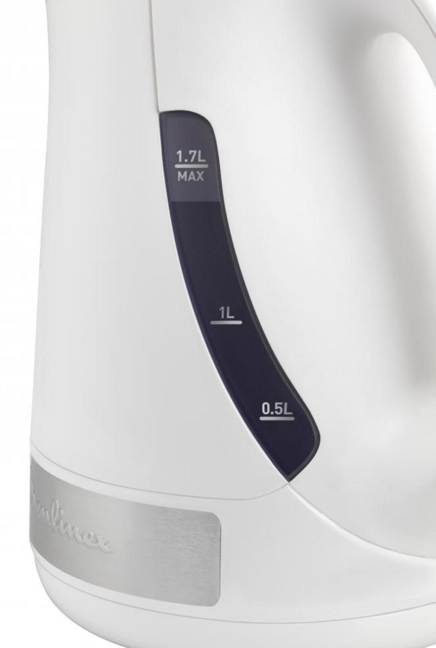 Bollitore bianco con indicatore del livello dell'acqua (0,5 L, 1 L, 1,7 L Max).