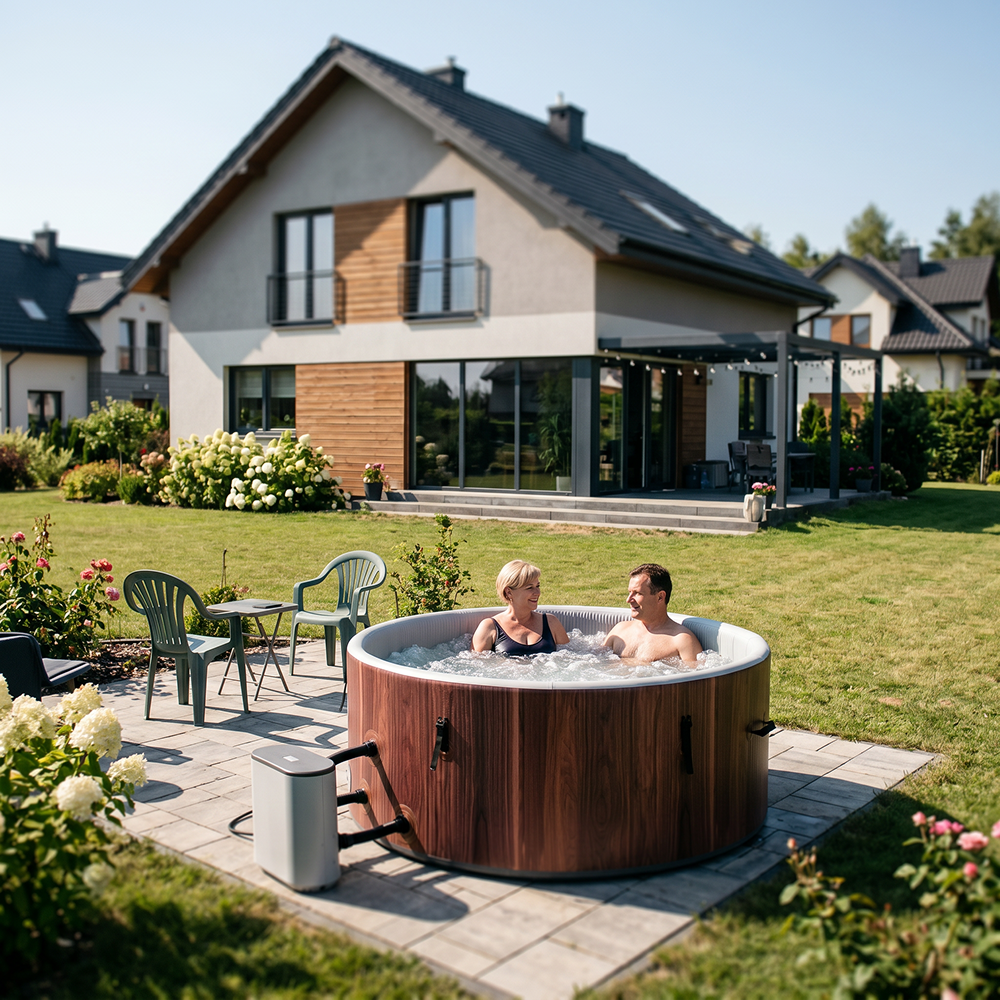Para relaksuje się w drewnianej wannie z hydromasażem w ogrodzie z nowoczesnym domem.