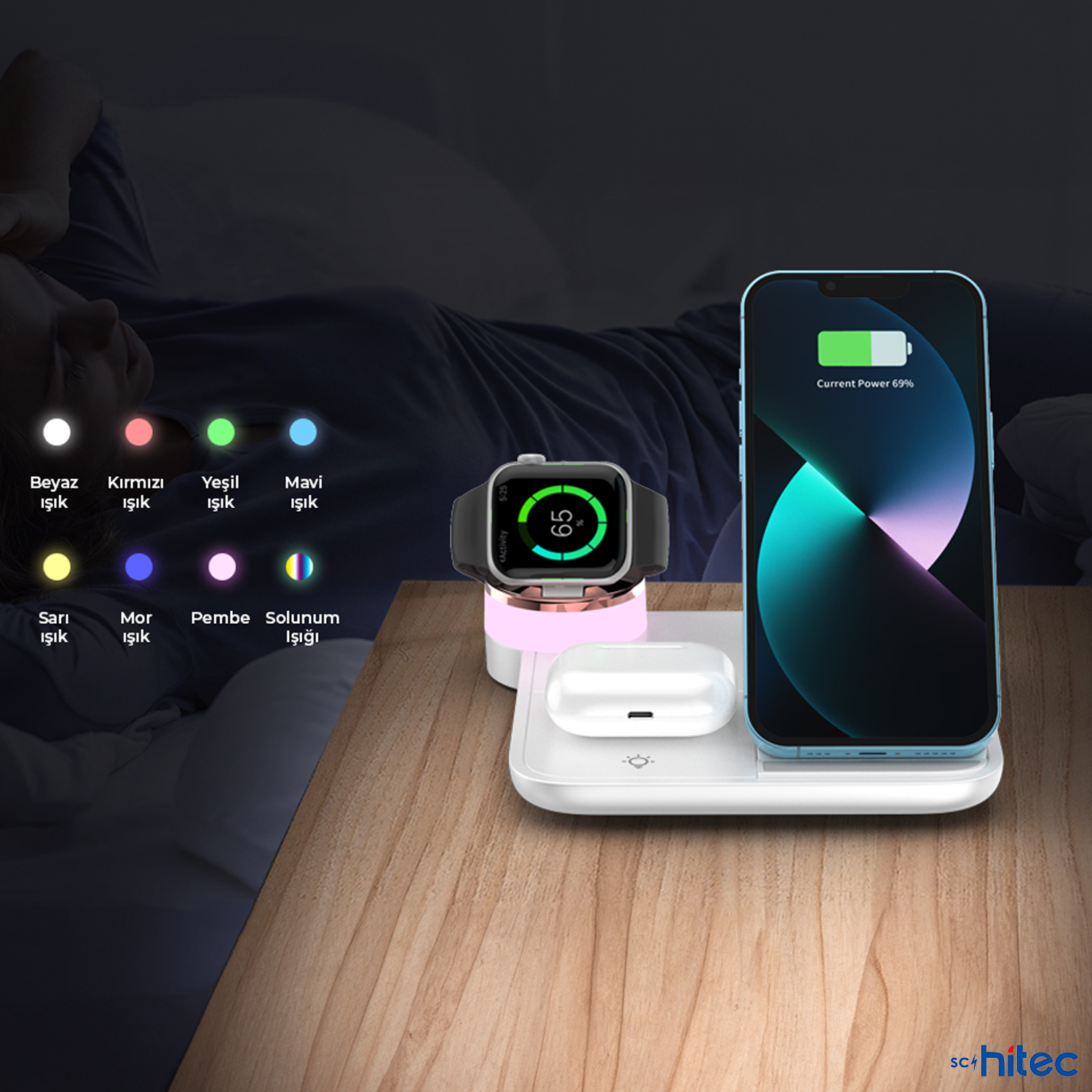 Bir şarj standında iPhone, Apple Watch ve AirPods bulunan bir komodin.