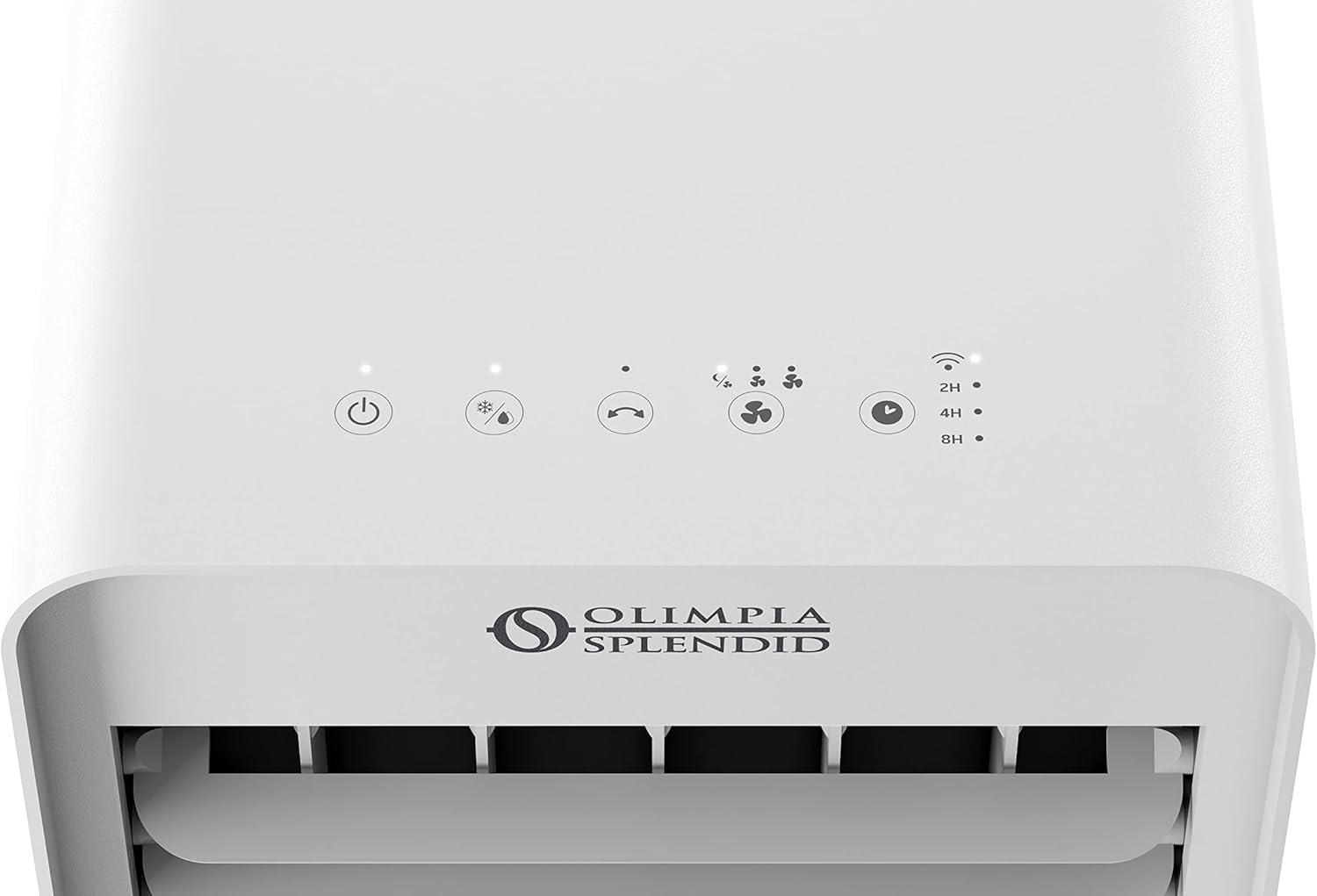 Dispositivo bianco Olimpia Splendid con icone accensione, ventola, timer e WiFi. Prese d'aria anteriori visibili.