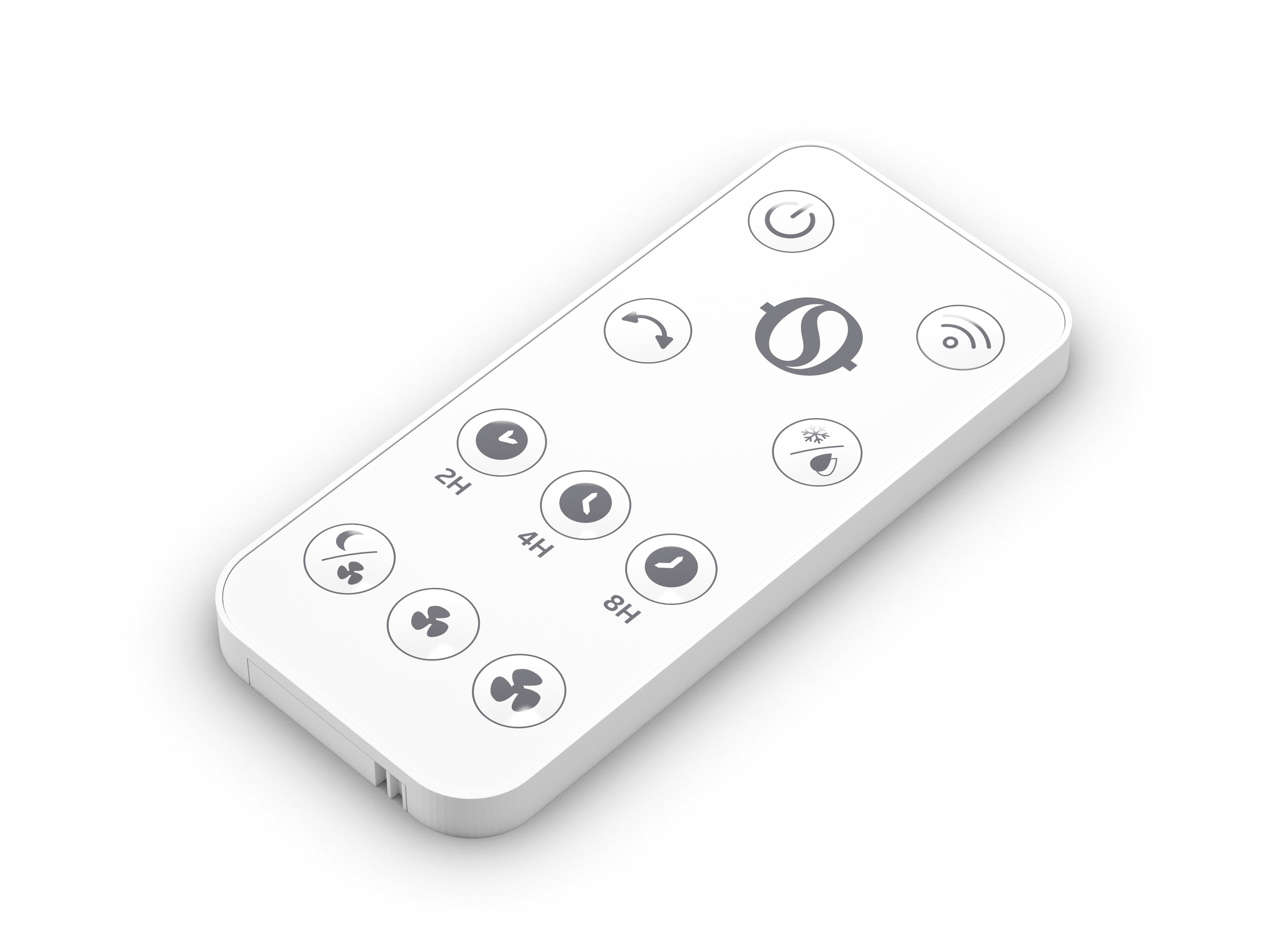 Un telecomando bianco con icone grigie per accensione, timer e funzioni ventola.