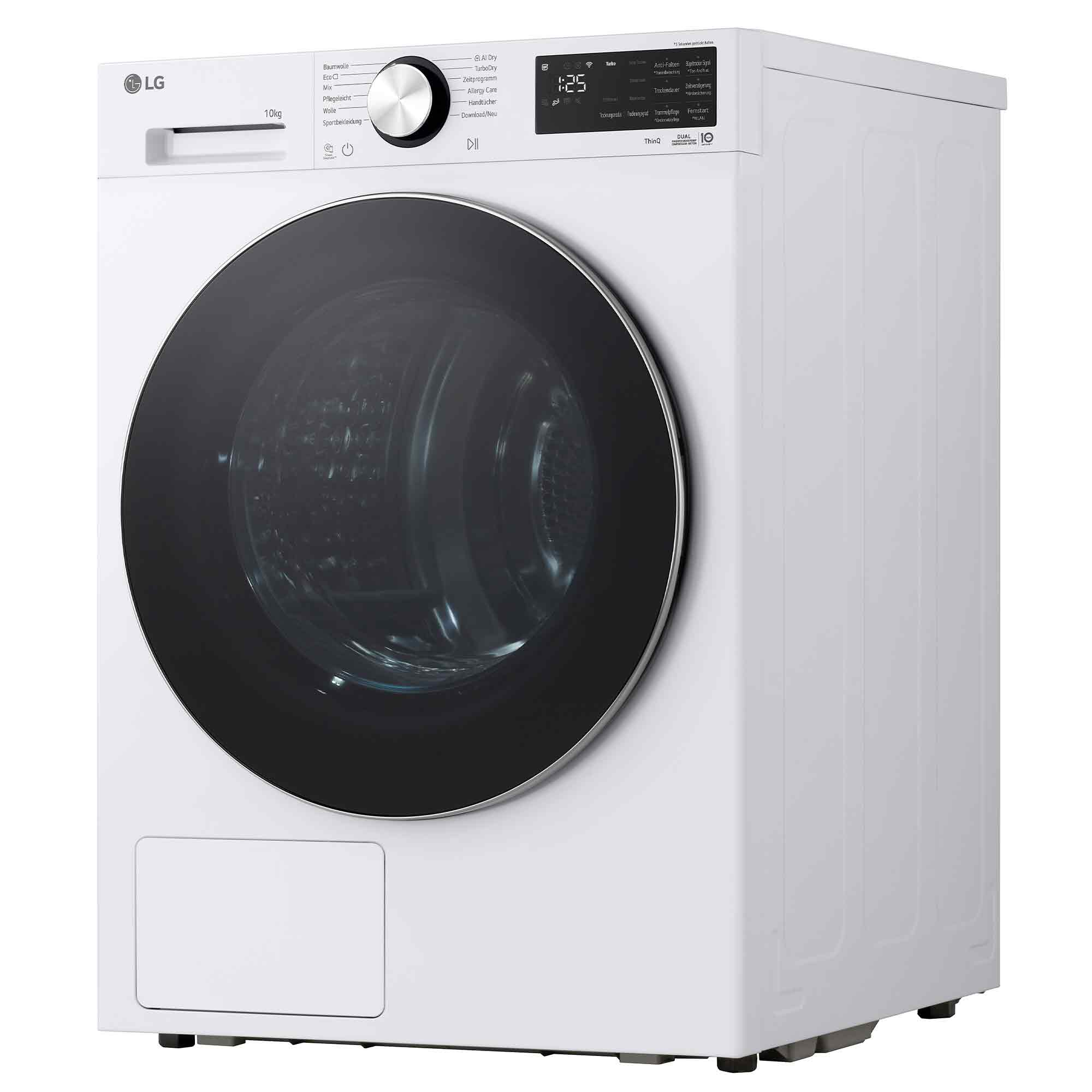Weie LG-Wschetrockner mit groer schwarzer Trmel und Bedienfeld.