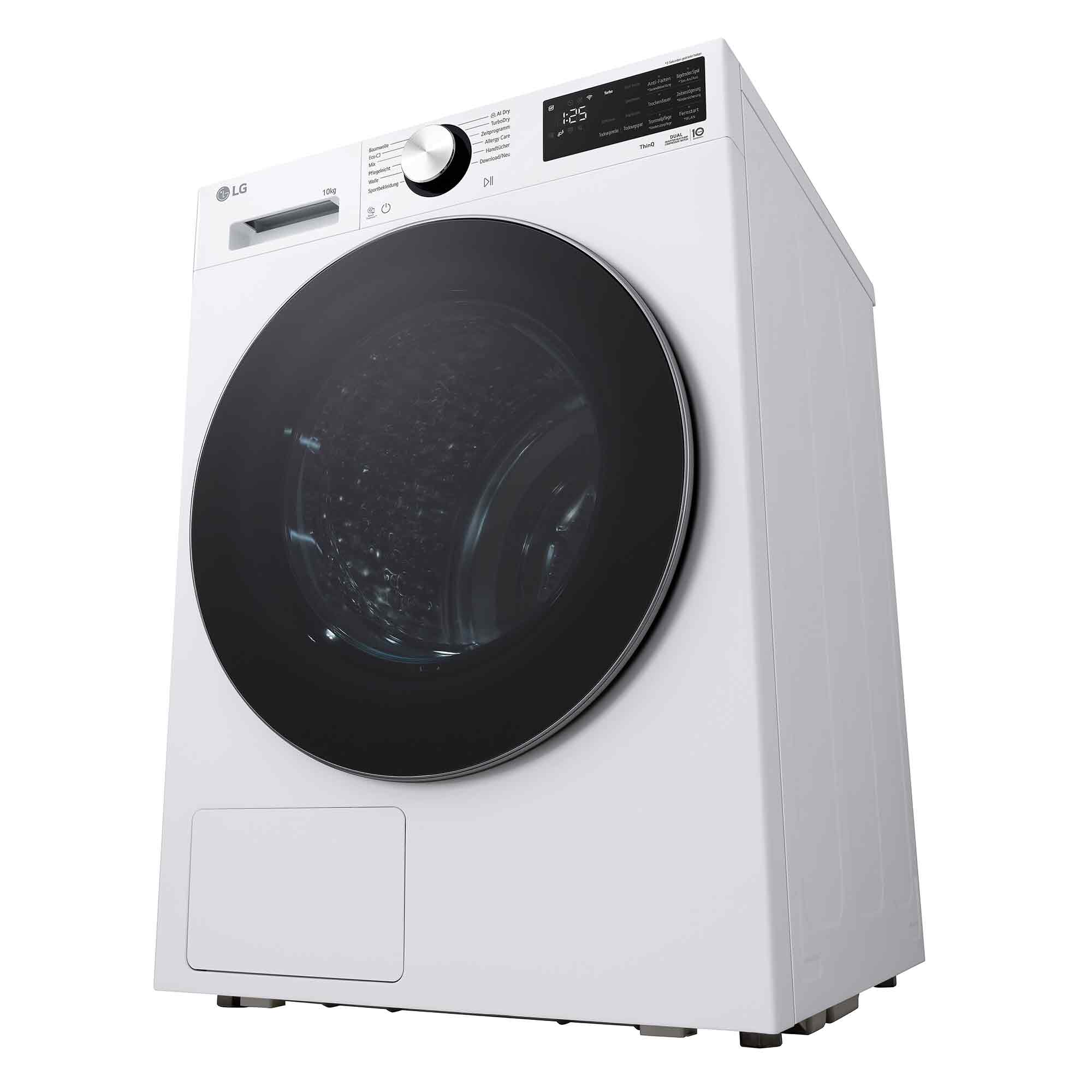 Eine weiße LG Waschmaschine mit großem schwarzen Bullauge, Display und Drehknopf.