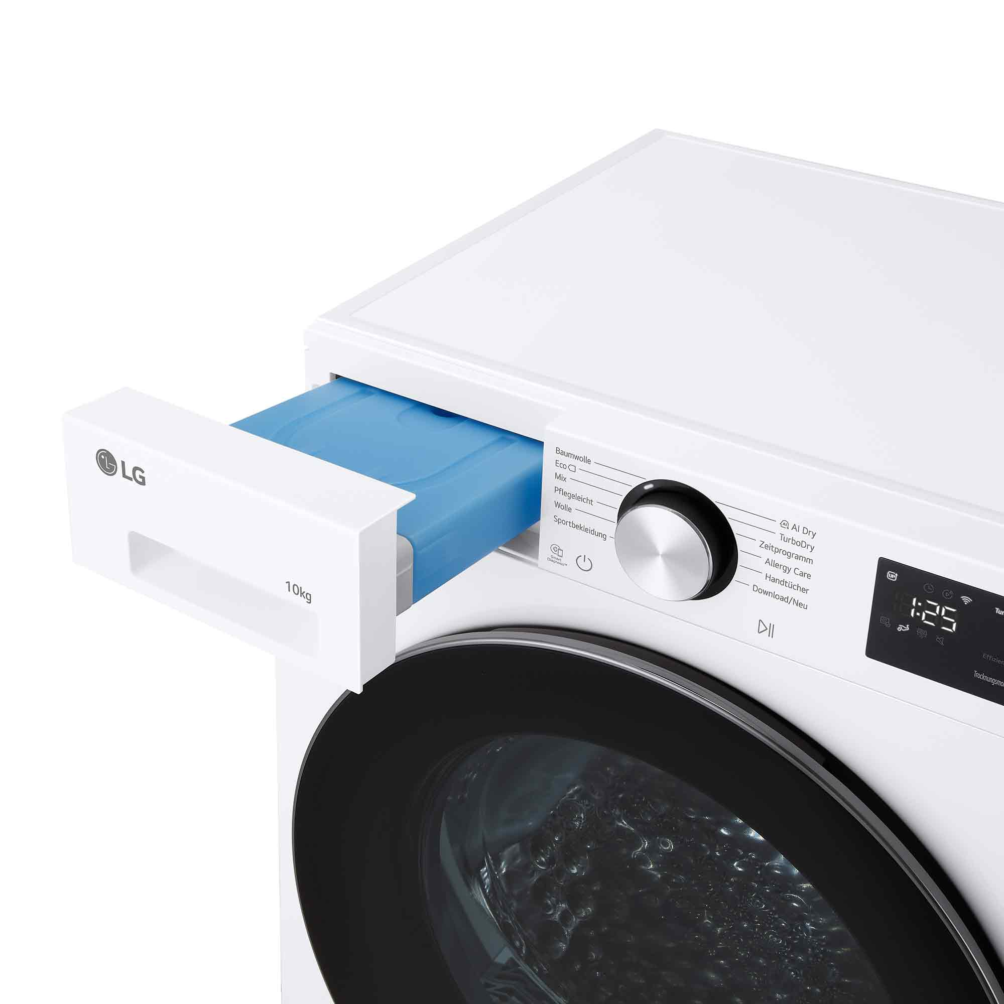 Eine weiße LG Waschmaschine mit blauem Waschmittelbehälter und Bedienfeld.