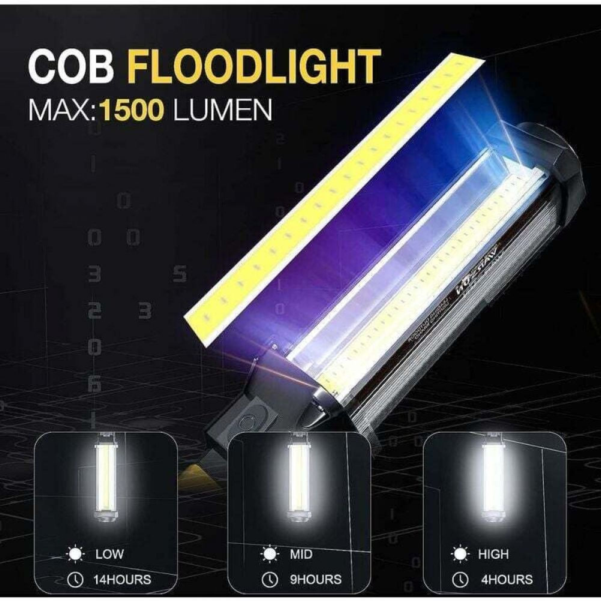 COB-Flutlicht mit maximal 1500 Lumen und drei Leuchtmodi: Niedrig (14 Std.), Mittel (9 Std.), Hoch (4 Std.).