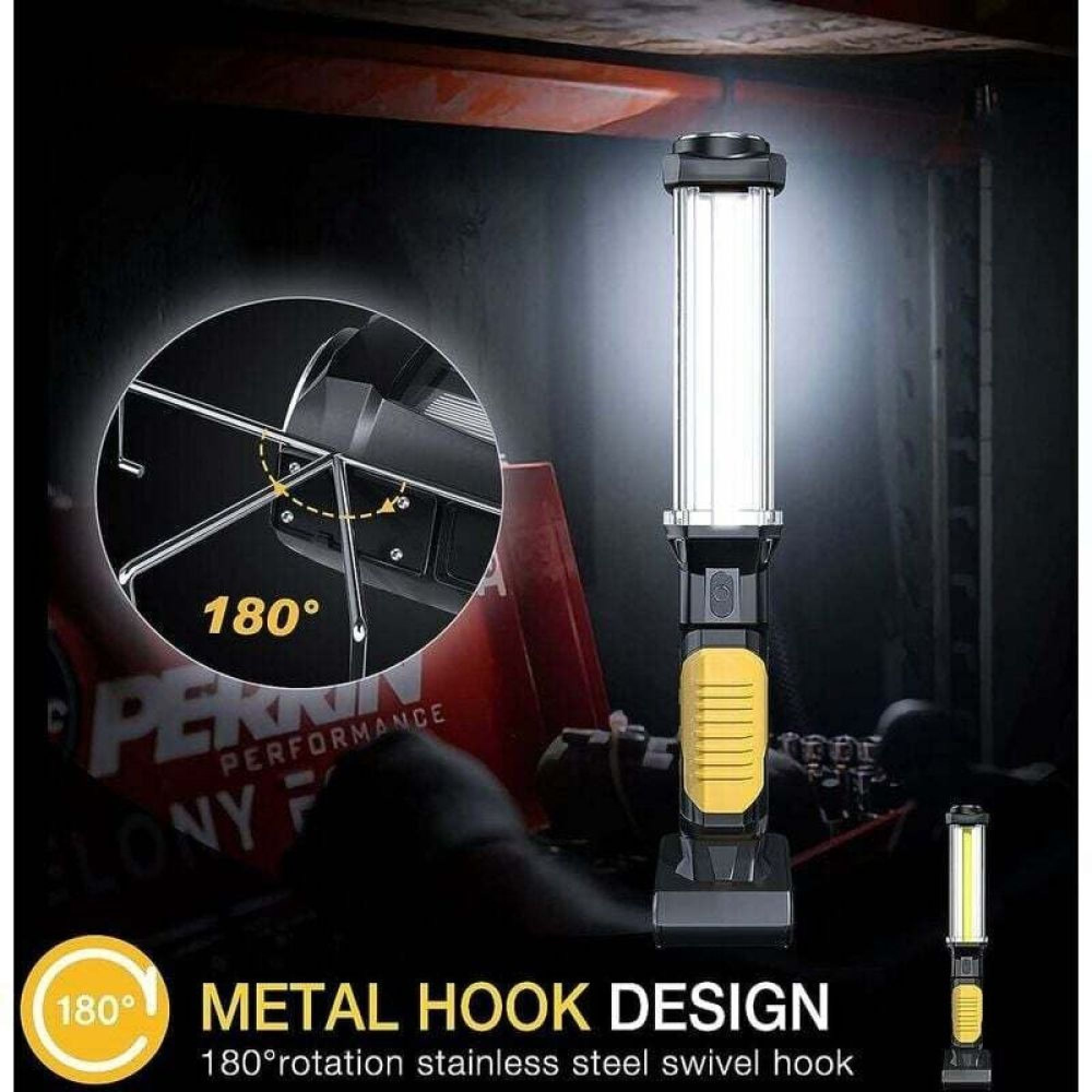 Eine helle LED-Arbeitsleuchte mit gelbem Griff und Metallhaken, gezeigt mit 180° Rotationsgrafik.