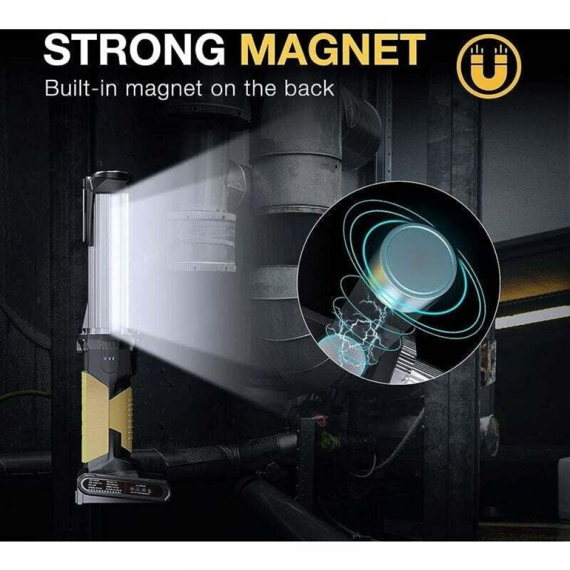 Eine Arbeitsleuchte mit eingebautem Magneten beleuchtet Rohre. Eine Grafik zeigt Magnetfeldlinien.