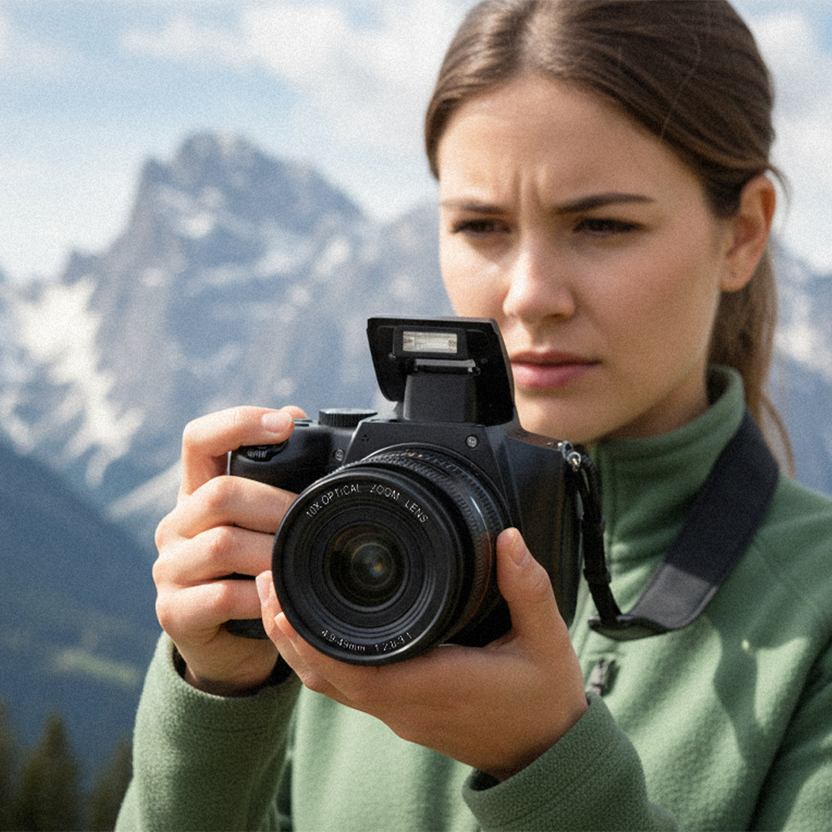 Kobieta z aparatem fotograficznym na tle krajobrazu górskiego.