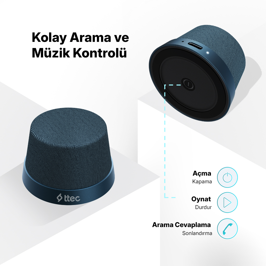 Güç ve oynatma gibi işlevler için kontrolleri ve simgeleri olan mavi hoparlör.