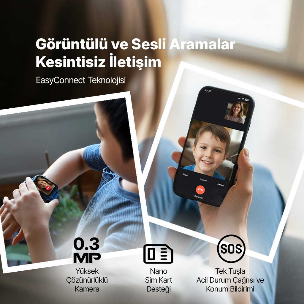 Bir çocuk akıllı saat takıyor, bir el ise görüntülü görüşme yapan bir akıllı telefon tutuyor.