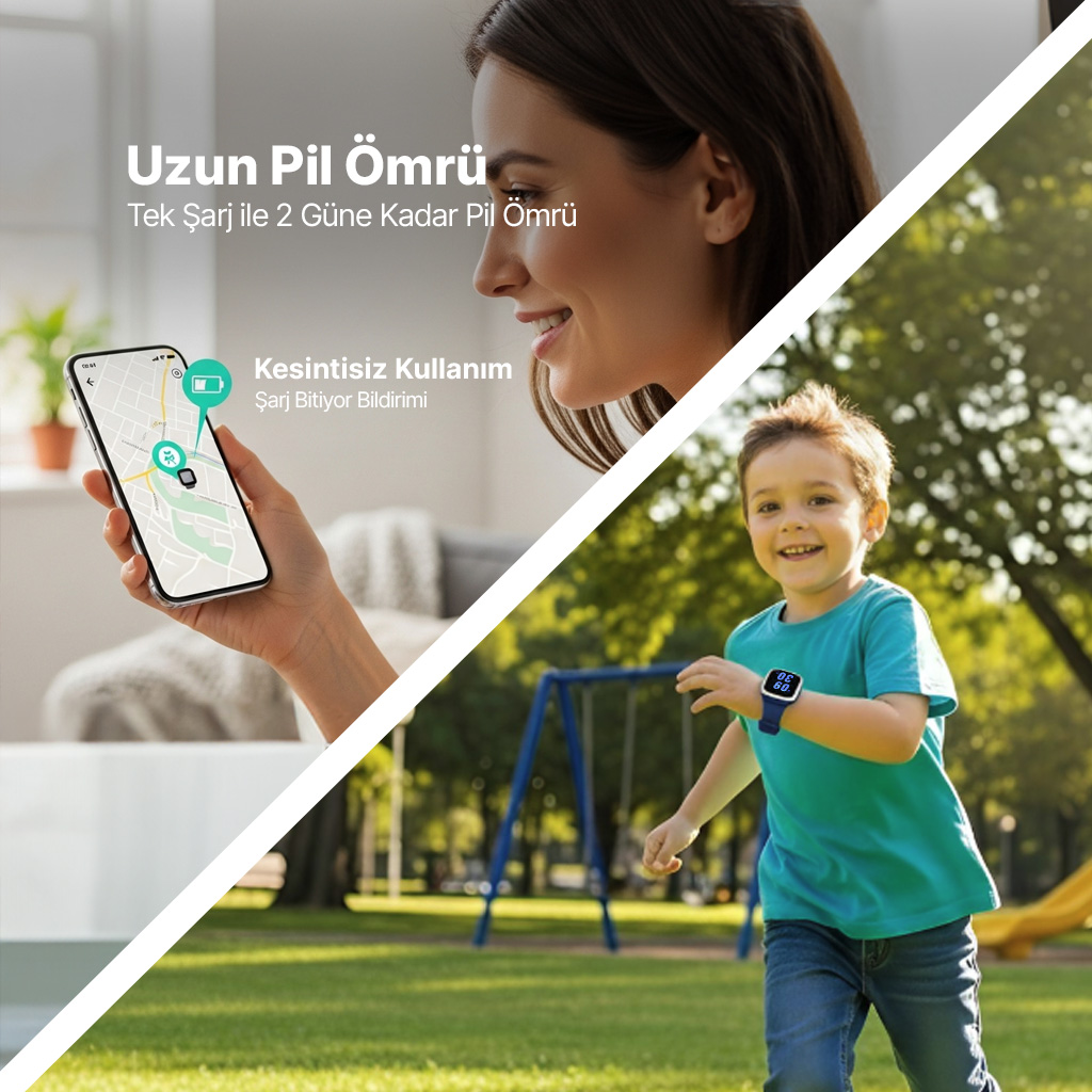 Kadın haritalı telefon tutuyor, çocuk parkta mavi saatle koşuyor.