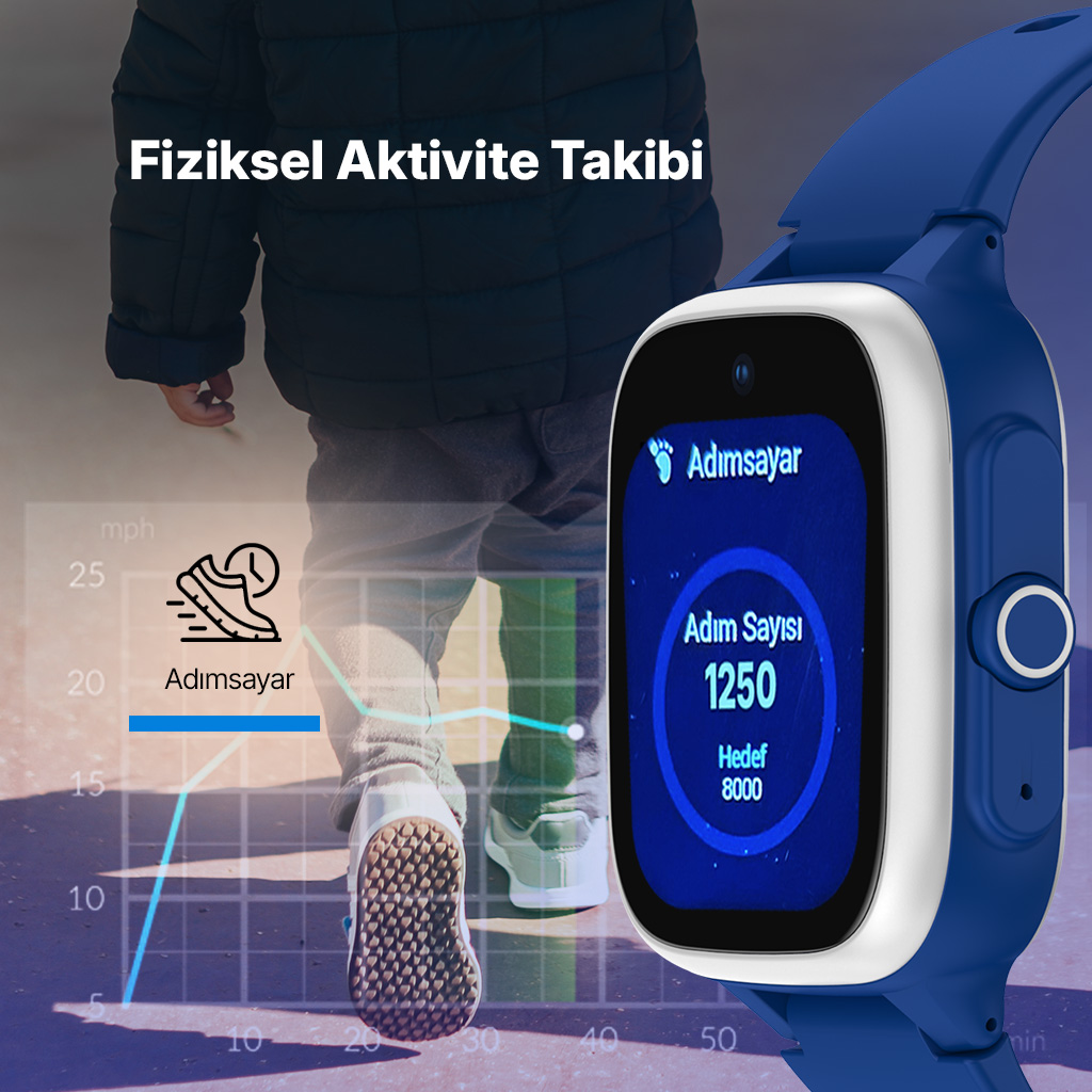 Akıllı saat 1250 adım gösteriyor. Çocuk arkada yürüyor.