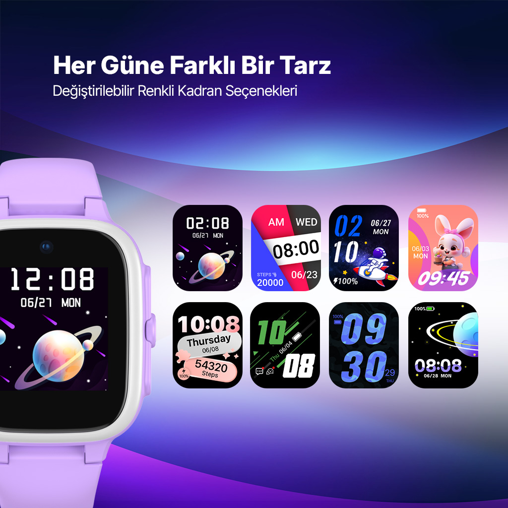 Mor akıllı saat, zamanı, tarihi ve adım sayısını gösteren çeşitli saat yüzlerini sergiliyor.