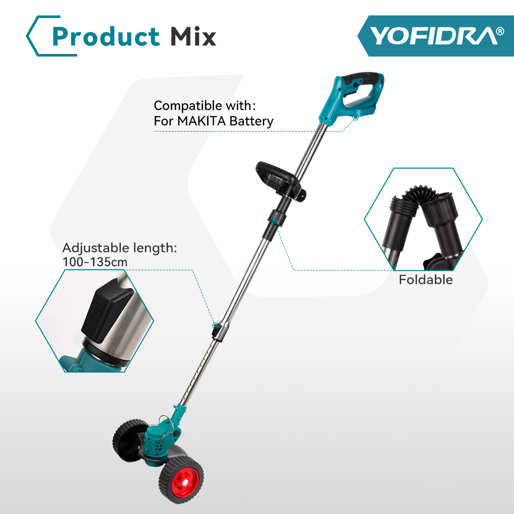 Un cortacésped a batería con ruedas, ajustable y plegable.