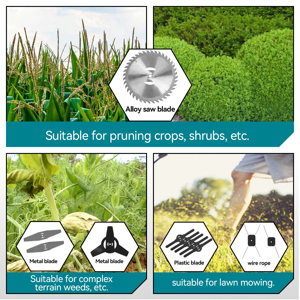 Varios accesorios para cortacésped: hoja de sierra de aleación, cuchillas metálicas, plásticos.