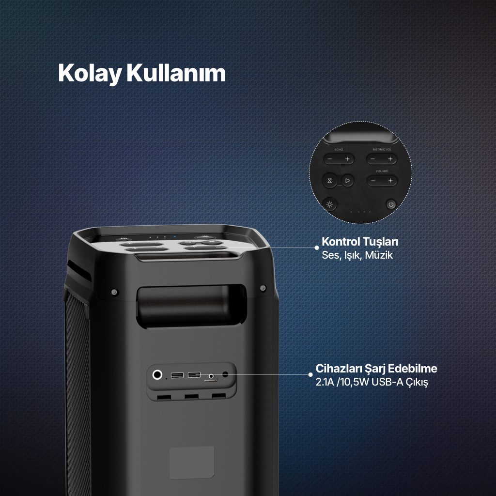 Ses, ışık ve müzik kontrolleri olan siyah hoparlör. USB şarj portları.