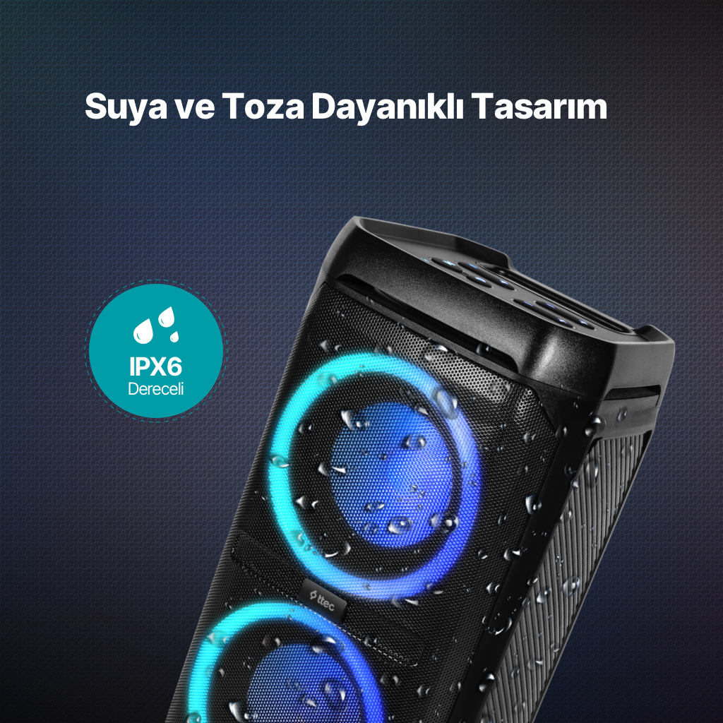 Mavi ve turkuaz ışıklı, su damlacıklarıyla kaplı siyah hoparlör.