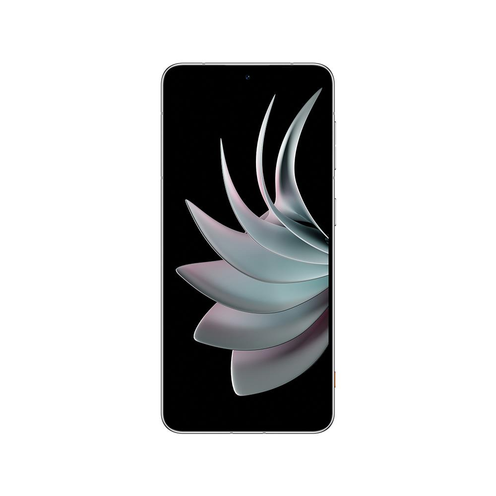 Ekranında soyut, taç yaprağı benzeri bir arka plan gösteren bir akıllı telefon.