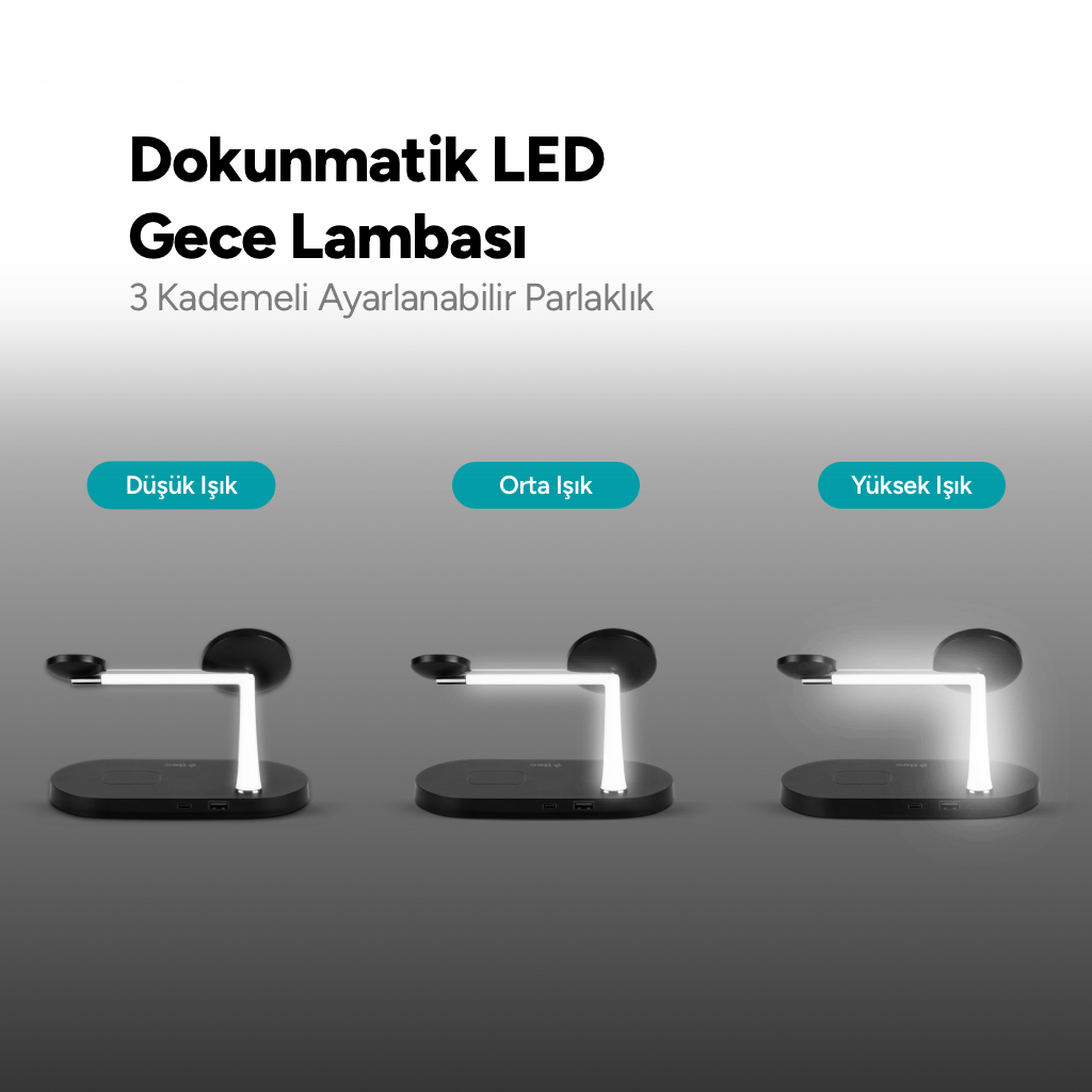 Düşük, orta ve yüksek parlaklık ayarlarında gösterilen üç LED gece lambası.