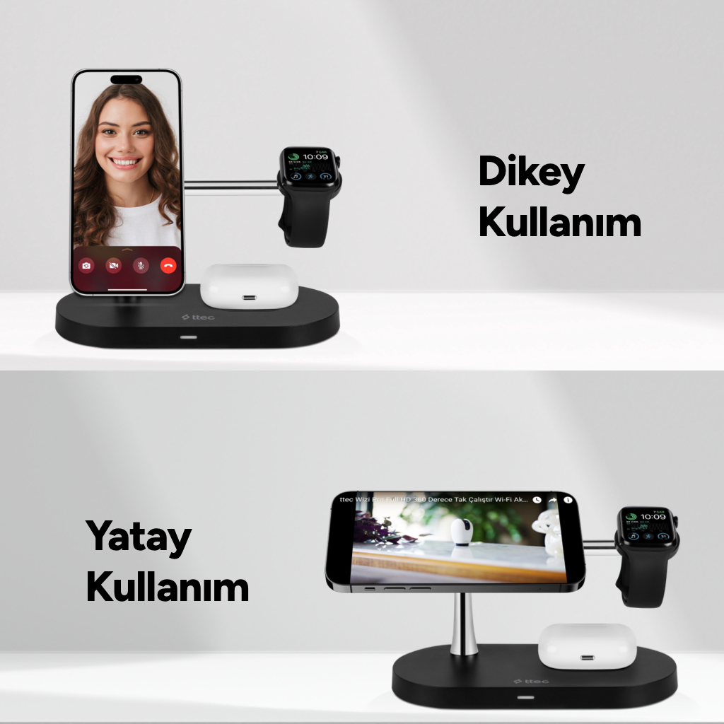 Dikey ve yatay kullanımda telefon, saat ve kulaklık içeren şarj istasyonu.