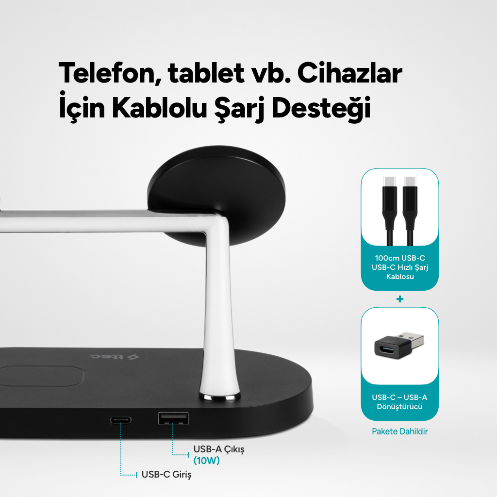 Beyaz kollu siyah şarj istasyonu, USB-C girişi, USB-A çıkışı.
