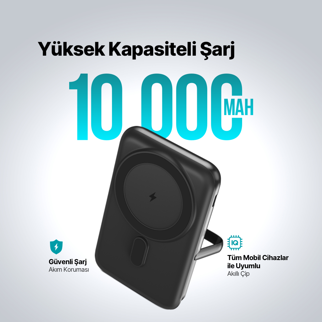 Siyah 10.000 mAh powerbank, güvenli ve tüm cihazlarla uyumlu.