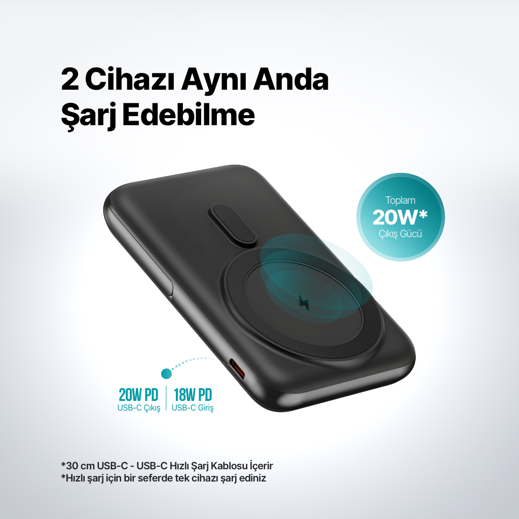 İki USB-C portlu siyah şarj cihazı, toplam 20W çıkış gücü sunar.