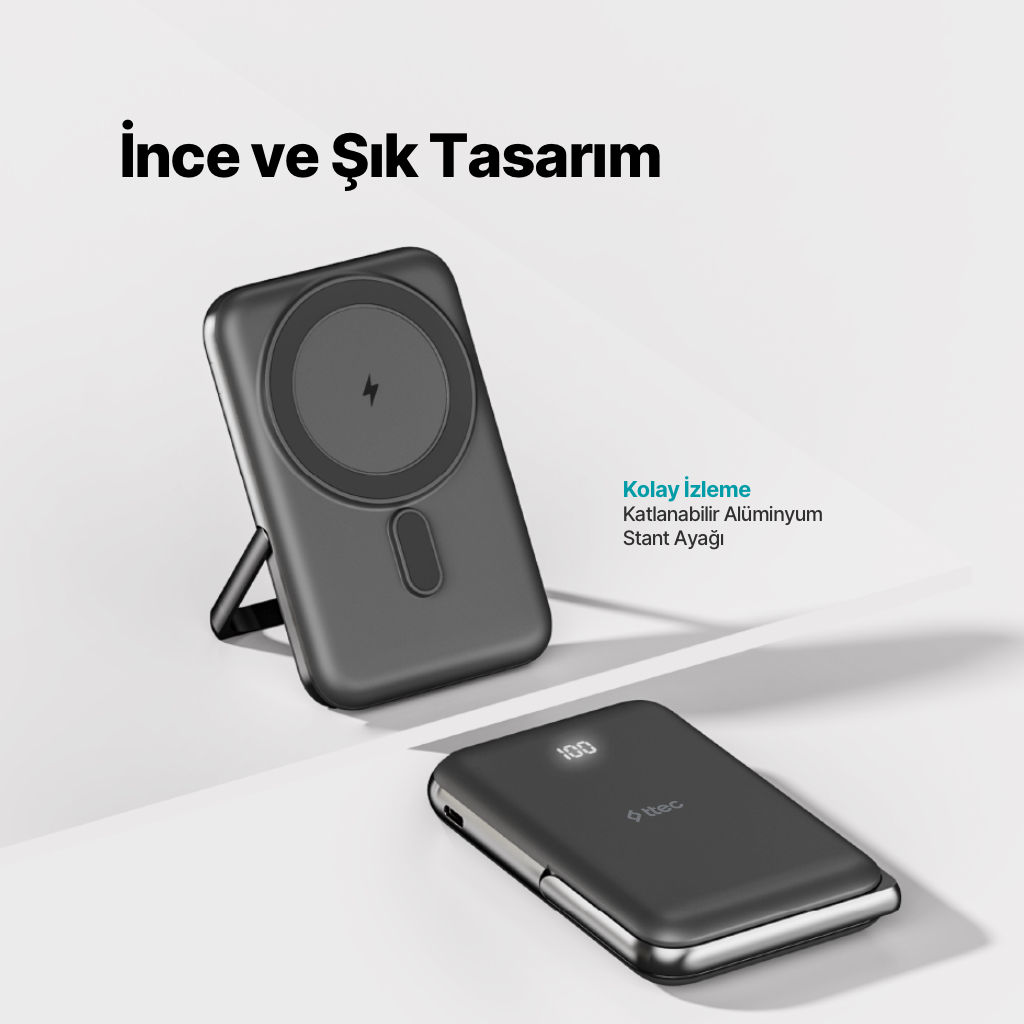 İki koyu renk powerbank, biri stant üzerinde, diğeri düz.