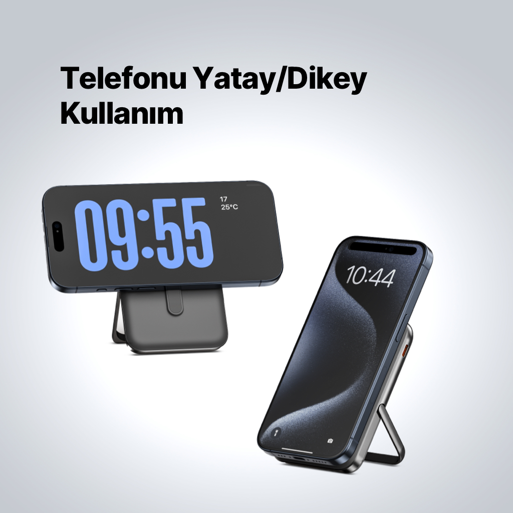 İki iPhone stantta duruyor. Biri 09:55, diğeri 10:44 gösteriyor.
