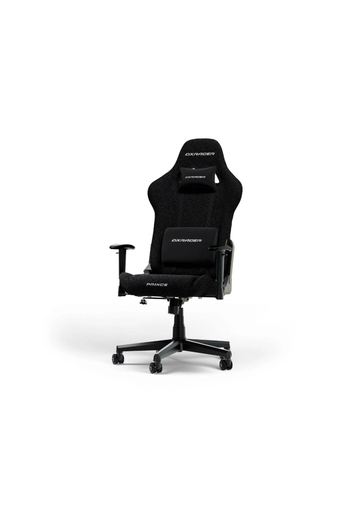 Tekerlekli siyah DXRacer oyuncu koltuğu, bel ve baş yastıklarıyla.