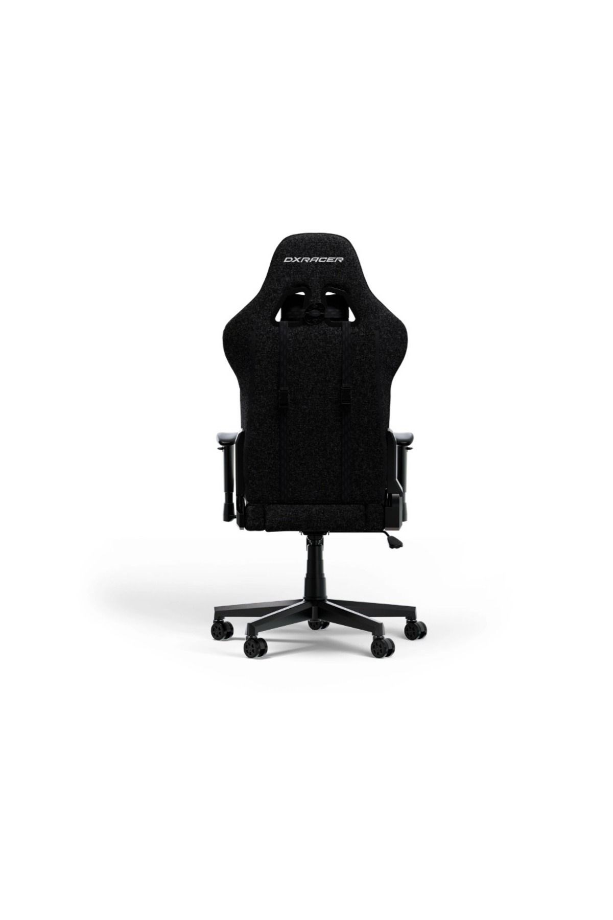 Tekerlekli, yüksek arkalı siyah oyuncu koltuğu, üstte DXRacer logosu.