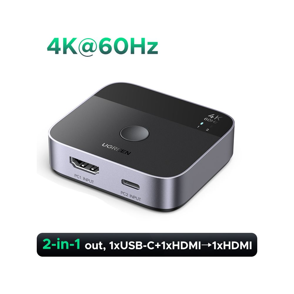 PC1 ve PC2 giriş portlarına sahip siyah bir UGREEN 4K 60Hz anahtarı.