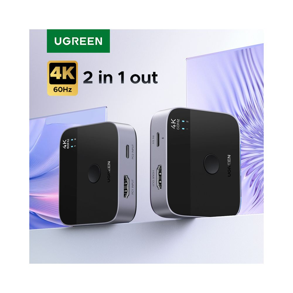 UGREEN 4K 60Hz 2'si 1 arada HDMI anahtarı, iki cihaz gösteriliyor.
