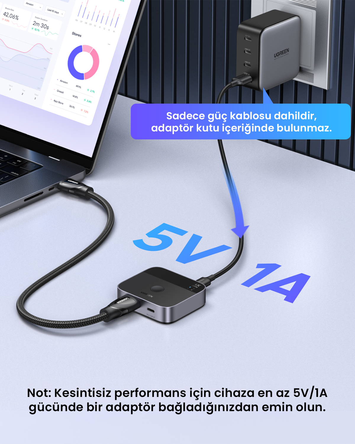 Bir USB-C hub bir dizüstü bilgisayara, bir güç adaptörü ise bir prize bağlanır.