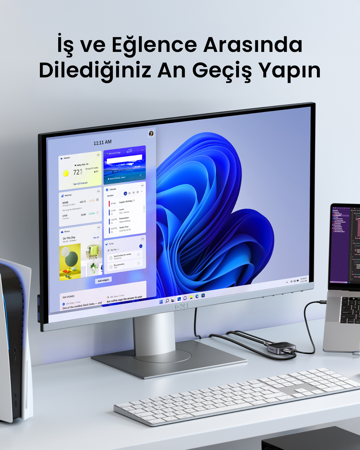 Windows 11, klavye ve konsolu gösteren büyük bir monitörlü modern masa kurulumu.